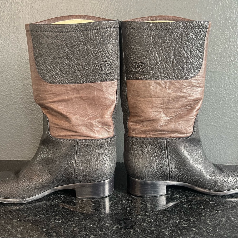 CHANEL Black & Brown Calfskin Leather Mid-Calf Boots – Size 38
